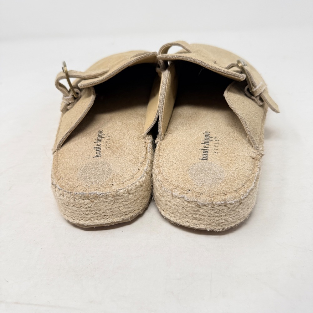 Haute Hippie Style Suede Espadrille Mules Tan 10M Buckle Platform Clogs Boho - Picture 4 of 7